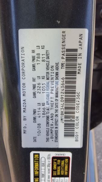 2008 2009 Mazda Speed 3 OEM Left Rear Door Metropolitan Gray 36C