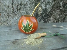 Mate Gourd Hand Carved Cannabis Leaf - Calabaza + Straw +Bonus Spoon Yerba Mate