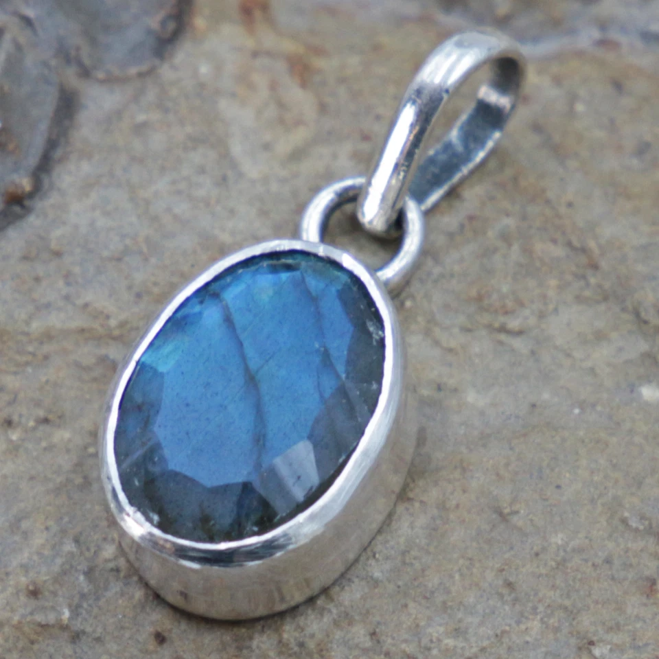 Rimorchio Labratorite Vero Ciondolo IN Argento 2,5 CM Sterling 925 Ovale Fa - Immagine 2 di 4