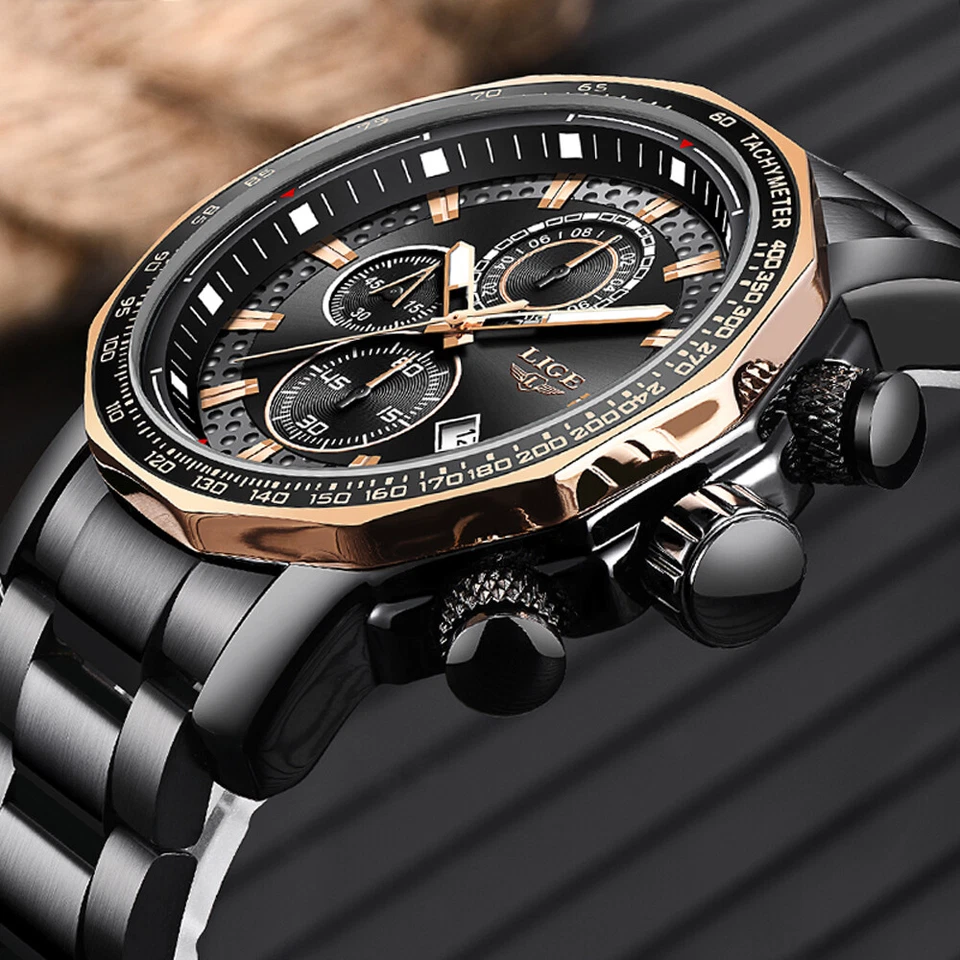 LIGE Sport Chronograph Mens Watches Luxury Full Steel Quartz Watch Waterproof - image 2 of 4