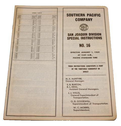 1969 Southern Pacific Company San Joaquin Division Special Instructions No. 16