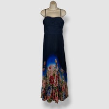 Xscape Women's Blue Sunburst Floral Ombré Pleated Straight Neck Dress Size 16