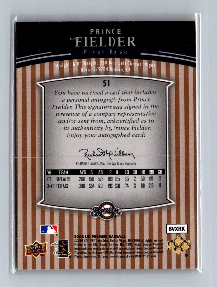 2008 Upper Deck Premier #51 Prince Fielder/25 autógrafo paralelo Foto 2 de 2