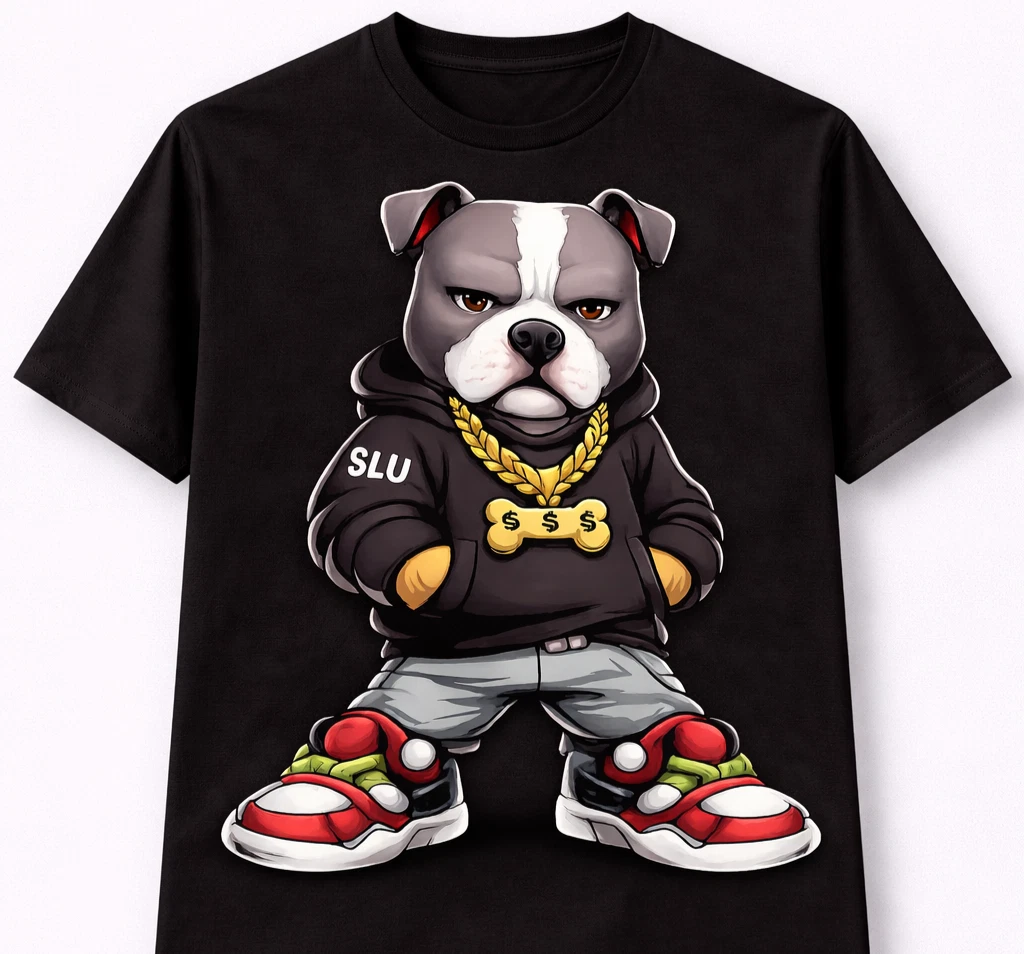 Urban Hoodie Dog Graphic T-Shirt Cartoon Hip Hop Pup Tee