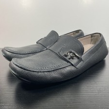 SALVATORE FERRAGAMO GOODYEAR "SF" Pebbled Black Leather Driver Loafer Mens 9 D