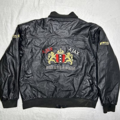 Vintage 90s Leather Bomber Jacket XL Gino Alberto Ajax Amsterdam Black