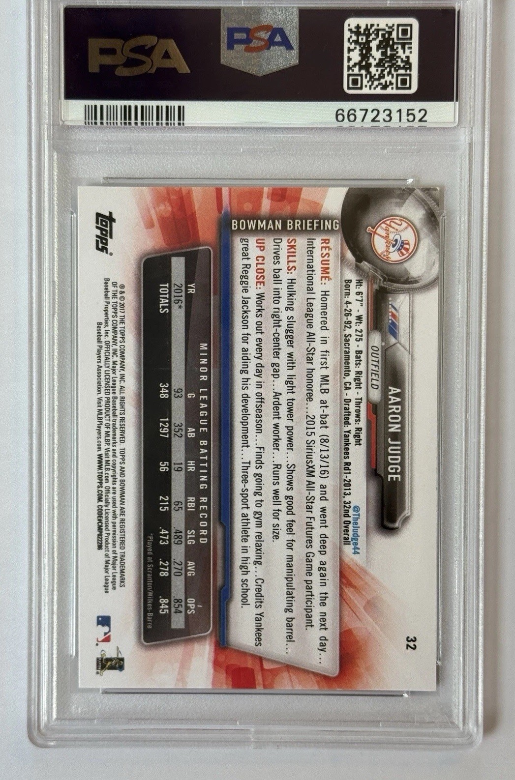 2017 Bowman - Aaron Judge #32 (RC) Mint PSA 9 New York Yankees view 3