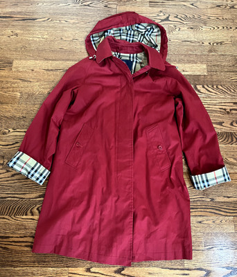 Vintage Burberry London Red Hooded Trench Coat Nova Check Lining Size 4R - 1999