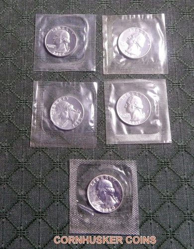5 COIN LOT 1960, 61, 62, 63 &64 WASHINGTON SILVER QURTERS BU MINT CELLULOID👀