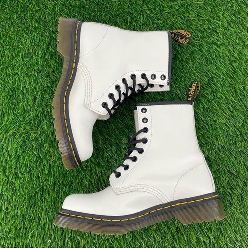 Bottes de combat à lacets en cuir lisse blanc Dr. Martens AirWair Classic 1460 - Photo 3/8