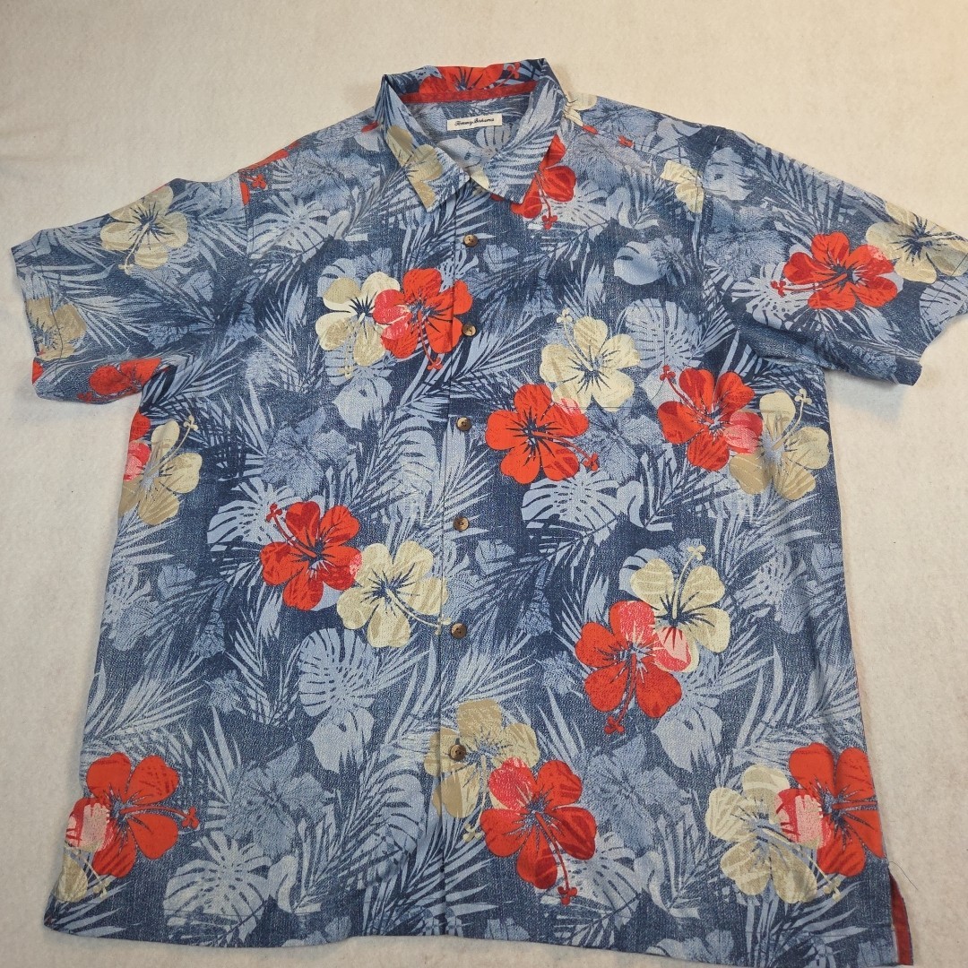 Tommy Bahama Button Up Hawaiian Shirt Mens 2XLT Blue Silk Blend  Island Zone