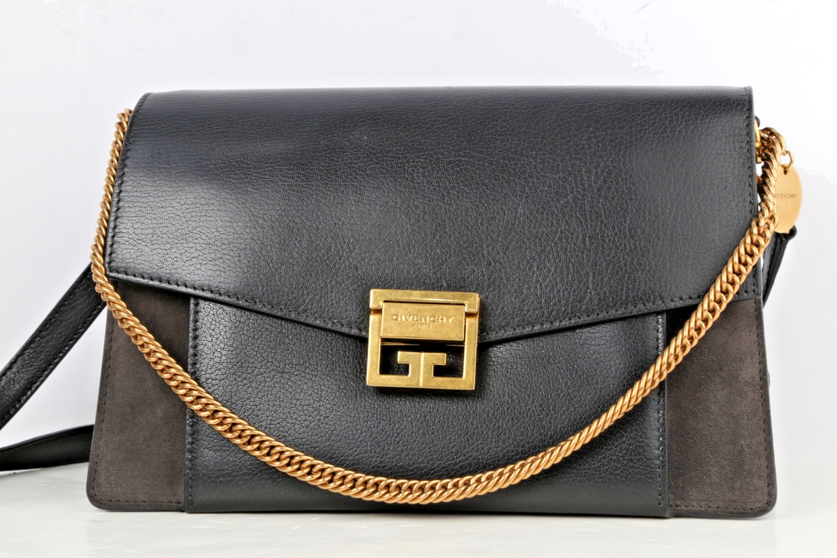 Givenchy GV3 Black Leather Brown Suede Gold Chain Shoulder Bag