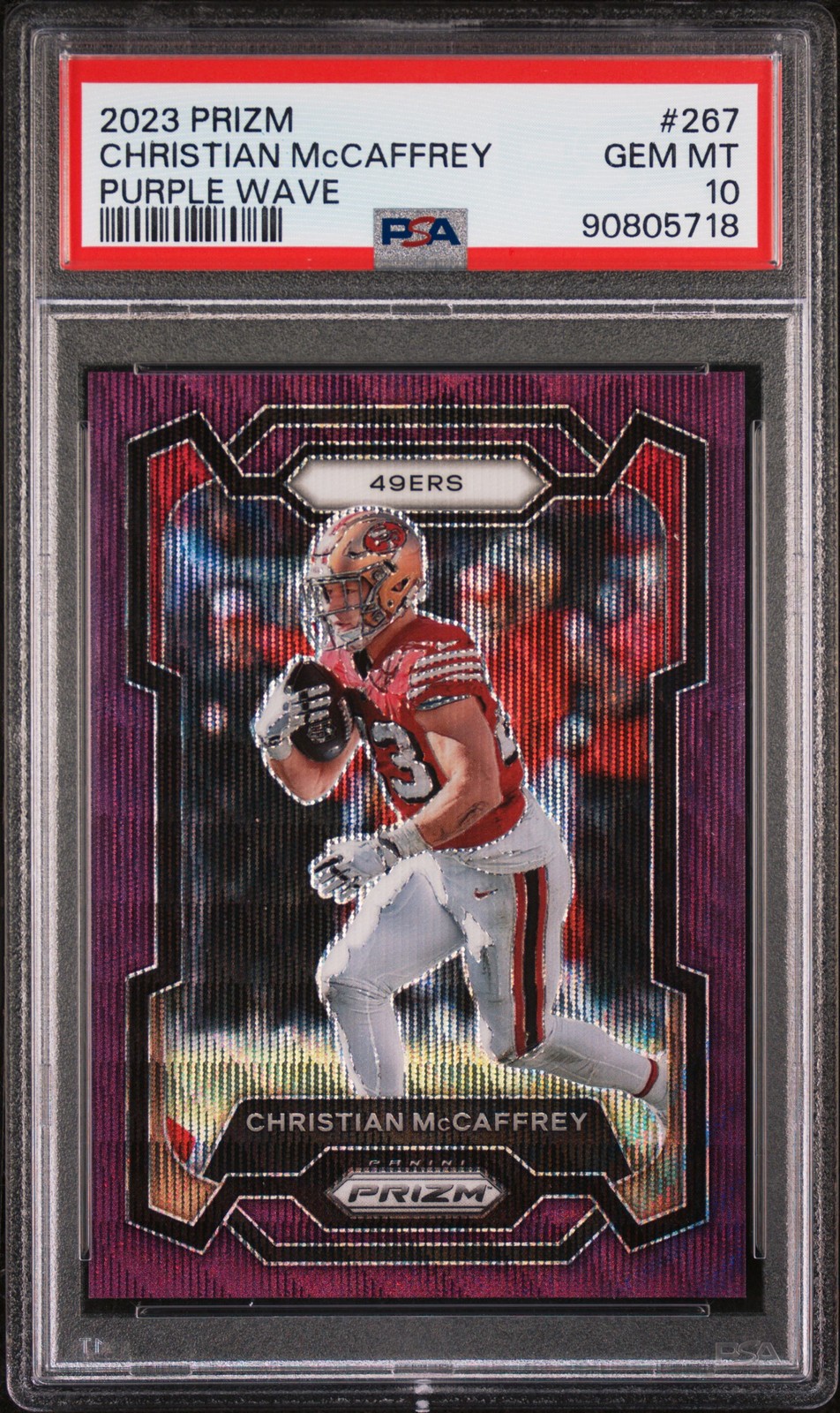 2023 PANINI PRIZM PURPLE WAVE #267 CHRISTIAN MCCAFFREY 80/99 PSA 10