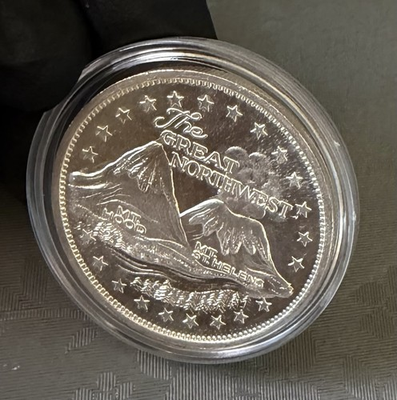 #ad THE GREAT NORTHWEST 1 oz .999 SILVER ART ROUND MT. HOOD MT. ST. HELENS $120.00