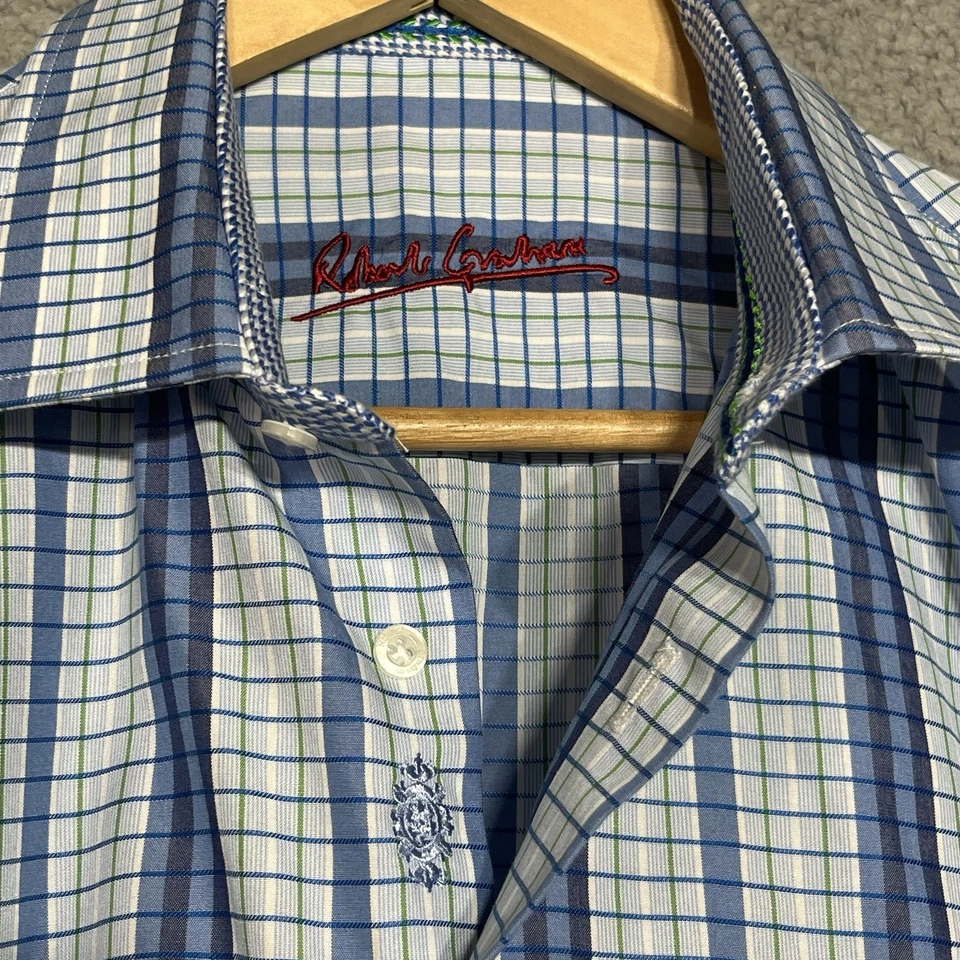 Robert Graham Boy Large 14-16 Blue Plaid Pattern Flip Cuff Dress Shirt Stretch - Image 3 of 4