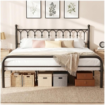 Elegant 12-Inch King Metal Bed Frame with Victorian Headboard   No Box Spring...