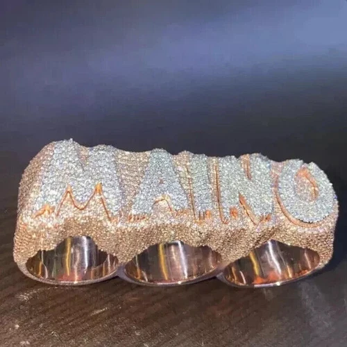 Men's 4 Ct Real Moissanite Initial Letter Three Finger Ring 14k Rose Gold Plated