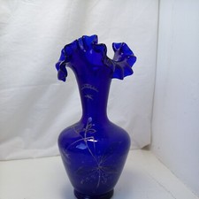Beautiful Fluid That Edgy Cobal Blue Glass Art Vase Hand Painted 
