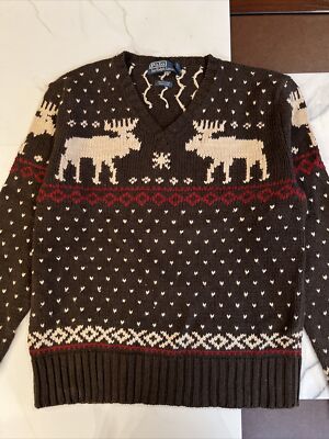 Vtg Polo Ralph Lauren Ski Moose Pull On Knit Sweater Mens Large | eBay