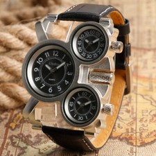 OULM Mens Military Army Sports Cool 3 Time Zones Movements Quartz Watch Leather
