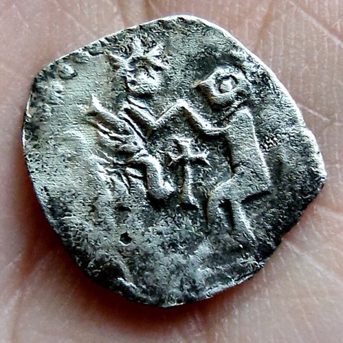 RARO! Moneta d'argento Denga Novgorod Repubblica 1447-1456 pre-russia Copeco medievale