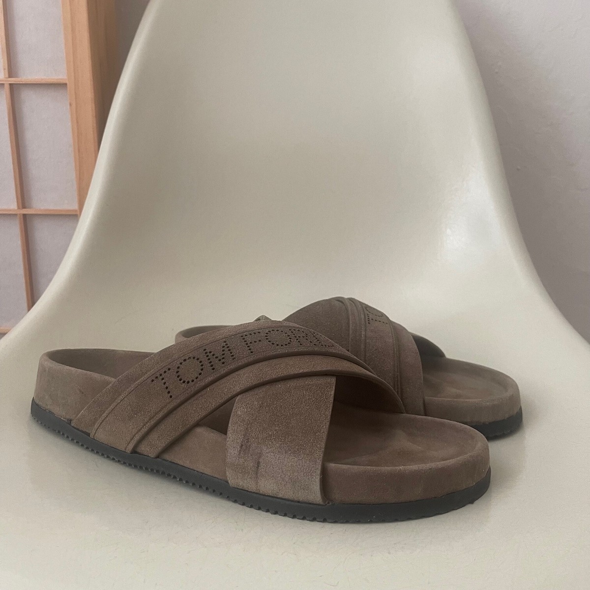 TOM FORD Crossover Logo Strap Slides Sandal Sz 7 Suede J1299
