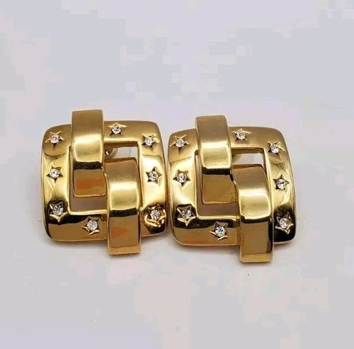 JOAN RIVERS Signed Shiny Gold Clear Rhinestones Abstract Modernist Earrings Stud