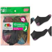 Fruit of Loom Ankle Socks 10 Pairs Little Girls Kids Black Small Size 6-10 1/2