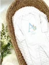 Personalised Blue Rabbit Blue Initial | Babygrow Sleepsuit Vest Bodysuit Blanket