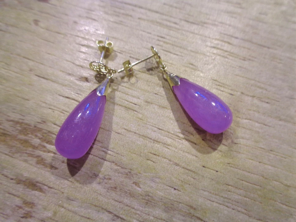 PENDIENTES COLGANTES 8MM ORO AMARILLO 14K BUENA FORTUNA LÁGRIMA LAVANDA JADE #2 Foto 4 de 4