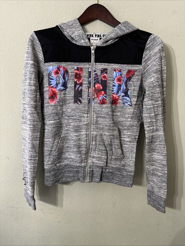 Pink Victoria’s Secret Womens XS Full Zip Front Athletic Jacket Hoodie Grey