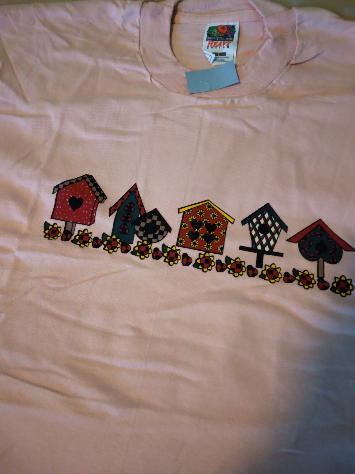 T shirt adulto L rosa chiaro con case fila di uccellini stampa 211599