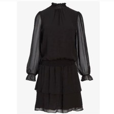 Express Ruffle Mini Dress Womens Small Layered Black Sheer Smocked Balloon Sleev