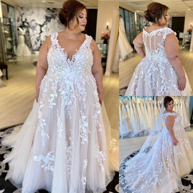 Elegant Plus Size Wedding Dresses Lace Appliques V Neck Bridal Gowns White  Ivory