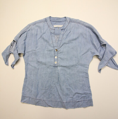 Trina Turk Calle Ocho Chambray Lyocell Linen Top Womens XS Tie Sleeve
