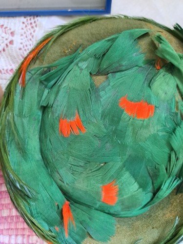 60s Green Orange Feather Felt Pillbox Vintage Women Hat Nikita - Picture 17 of 24