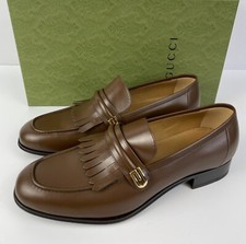 GUCCI 714680 Mirrored G Gold Kiltie Loafer Brown Leather Mens Size 9/US 9.5