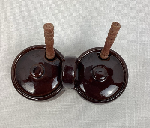 Steingut Keramik Doppel Gewürz Set 2 Deckel 2 Löffel hellbraun braun Taiwan Vintage - Bild 3 von 14