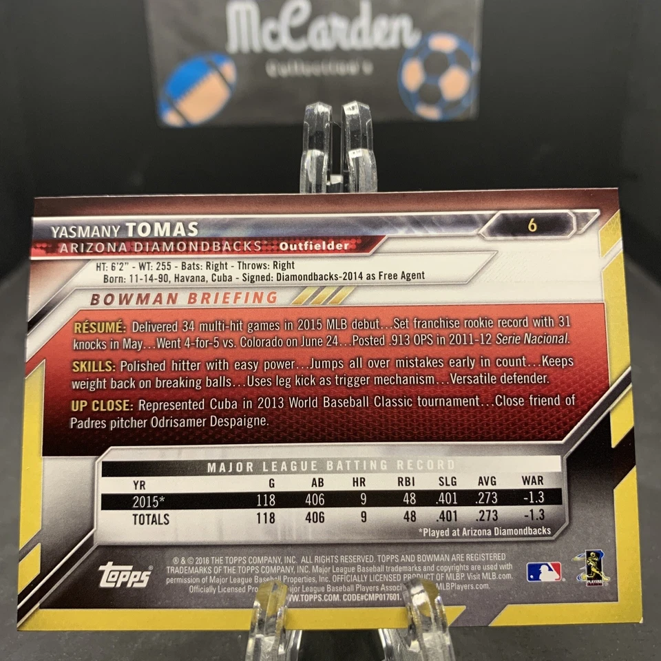 2016 Bowman Yasmany Tomas #6 Arizona Diamondbacks - Image 2 of 2