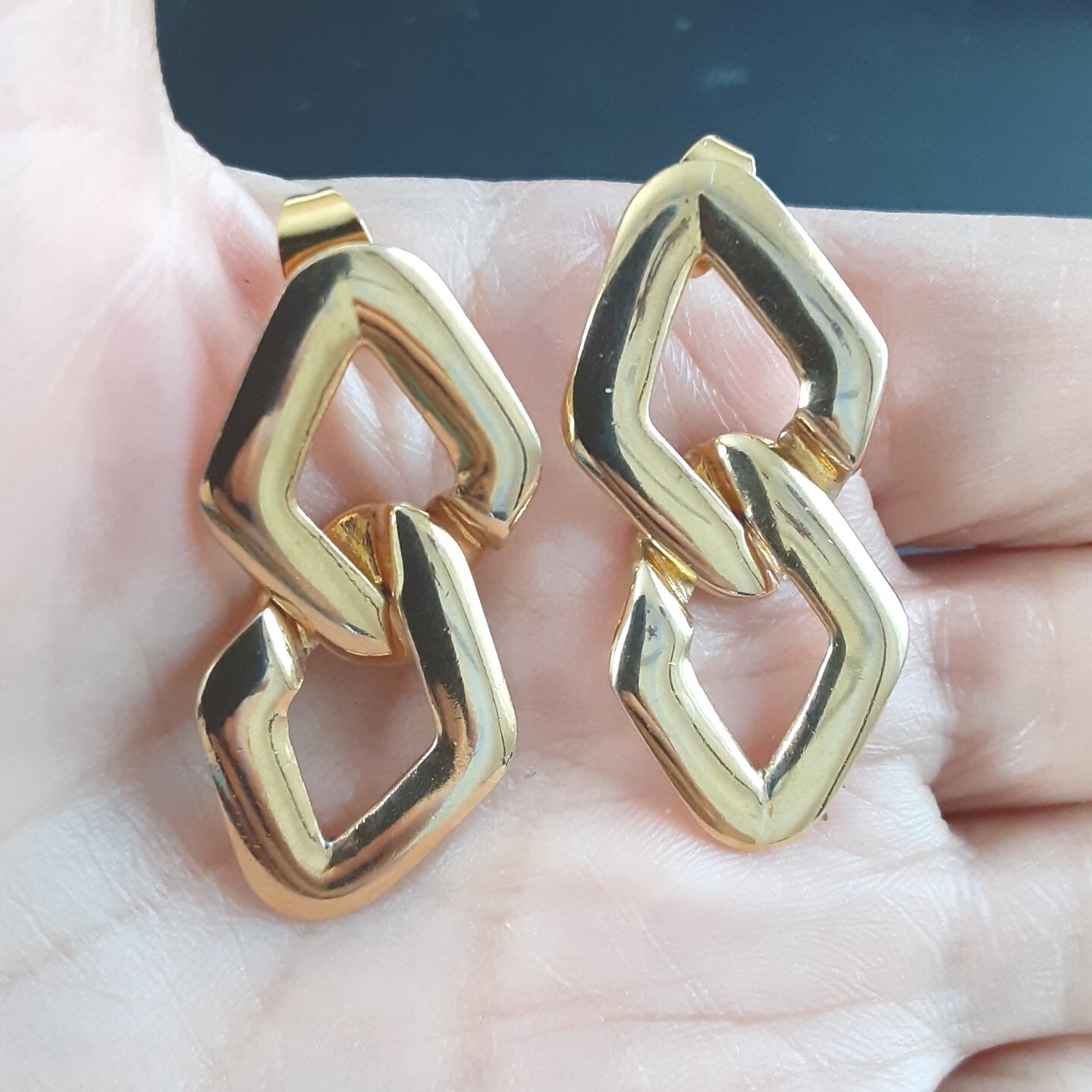 Gold Tone Interlocking Loop Dangle Earrings 1.75 … - image 2