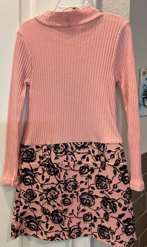 KNIT WORKS Lil Girls Dress Sz 6 Pink Ribbed Black Roses 60’s Style Pullover - Picture 4 of 5
