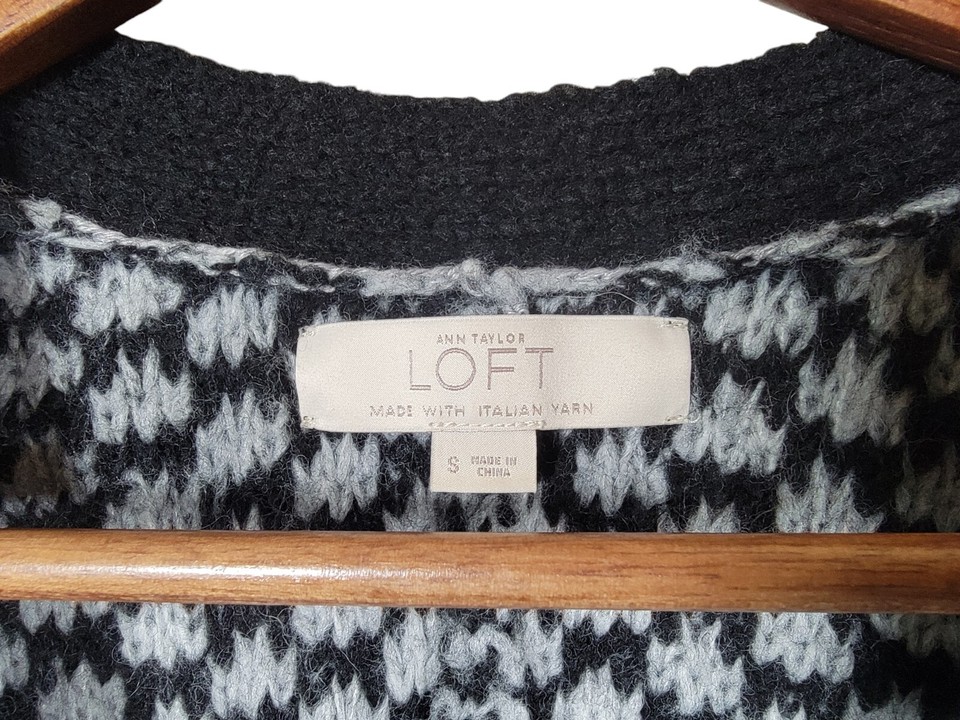 Ann Taylor Loft Size Small Black Grey Italian Yarn Wool Blend Cardigan