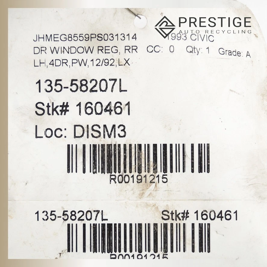 Regulador de ventana de puerta Honda Civic 1992-1995 con motor trasero izquierdo 72750-SR4-J01 Foto 3 de 3