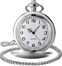LYMFHCH Classic Smooth Vintage Quartz Pocket Watch, Arabic Numerals Silver