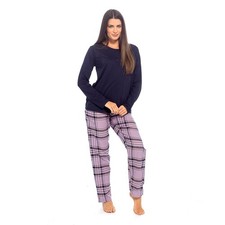 Ladies Jersey Pyjama Set Navy Top Lilac Check Brushed Cotton Bottoms | PJ Set