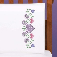 Herrschners  Friendship Floral Pillowcase Pair Stamped Cross-Stitch