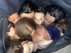 Cosmetology Mannequin Heads Real Human Hair Lot Of 9 Cut Colored Prop Aveda Case