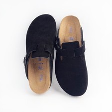 Birkenstock Boston Black Suede Leather Soft Footbed Classic Clogs Women  s Shoes