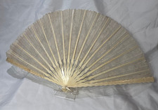 1890-1900 Creme Lace Folding Fan Carved Sticks  Guards