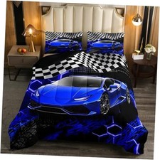 Racing Car Bedding Set for Kids, Boys, Girls - Size Speed Queen Blue and Black